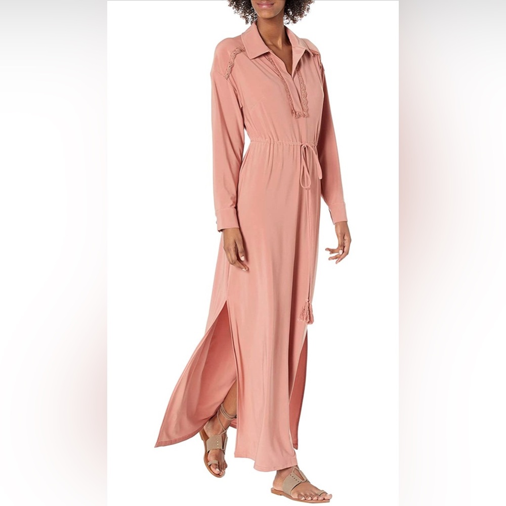 NWT Women's Long Sleeve V-Neck Solid Jersey Maxi Dress with Lace and Tie Waist